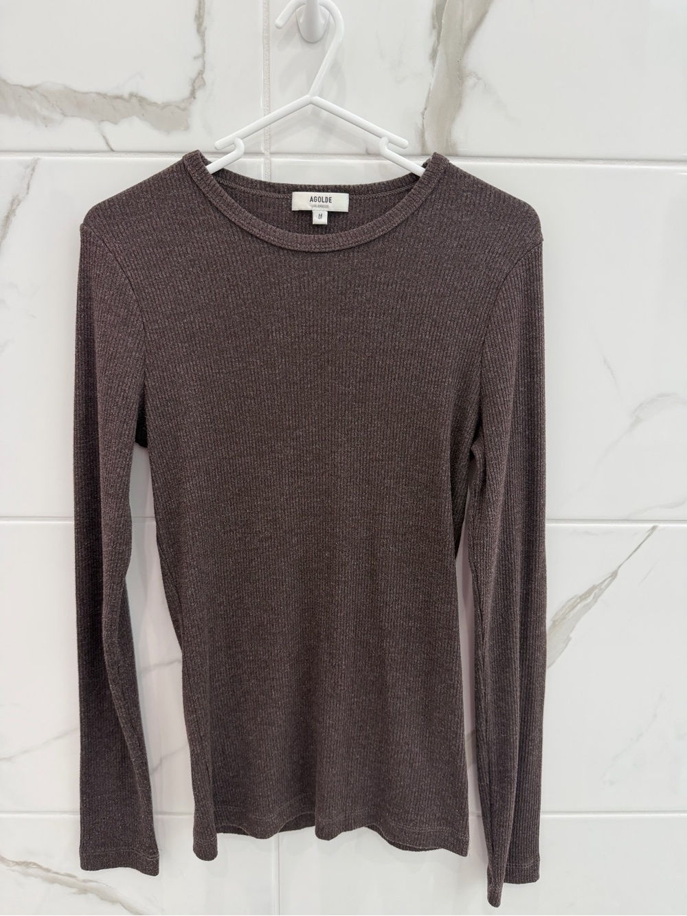 Agolde Brown Ribbed Long Sleeve Crewneck Top